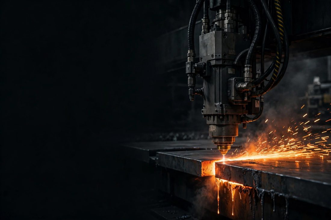 Fiber laser cutting head cutting thick steel plate with orange sparks