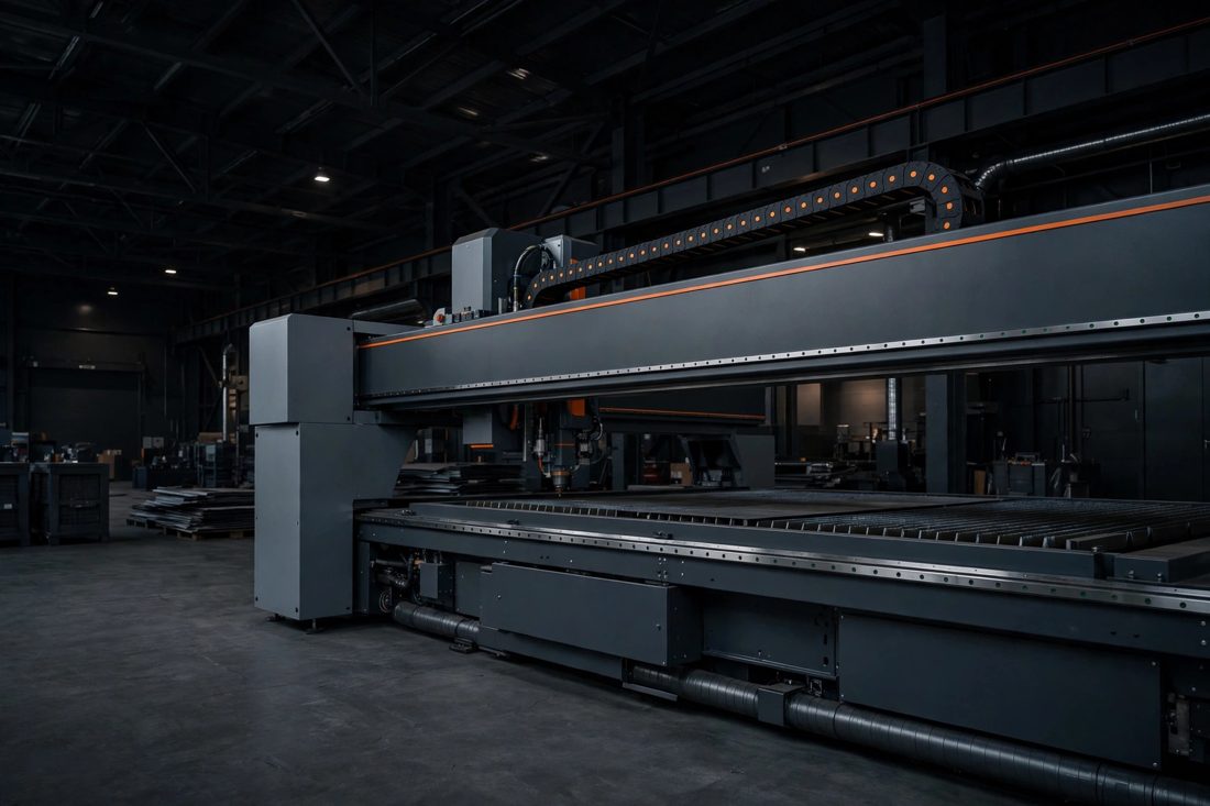 K-Ultra gantry fiber laser cutting machine in a dark hall